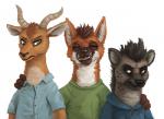 antelope anthro black_body black_fur bovid brown_body brown_fur canid canine clothed clothing disney eyes_closed fan_character flakjackal fur green_eyes group head_tuft hoodie horn hyena mammal maned_wolf shirt simple_background smile spotted_hyena teeth topwear tuft white_background zootopia