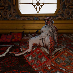 anthro black_nipples black_vulva breasts claws female fur genitals green_eyes inside islamic_architecture markings middle_eastern_architecture nipples orange_body orange_fur pawpads photorealism realistic rug solo solo_focus striped_body striped_breasts striped_fur striped_markings striped_tail stripes tail tail_markings teeth_showing thick_thighs vulva white_body white_fur aqua-regia aqua-regia_(modeler) lady_fang_(aqua-regia) felid mammal pantherine tiger 1:1 3d_(artwork) absurd_res blender_(artwork) blender_cycles_(artwork) digital_media_(artwork) english_description hi_res