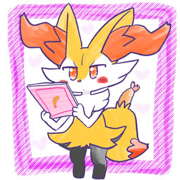 ambiguous_anthro ambiguous_gender anthro biped blush blush_stickers book border chibi digitigrade dipstick_tail food heart_symbol holding_book holding_object markings mouth_closed object_in_tail shrimp_(food) simple_background solo standing tail tail_markings annyui0611 nintendo pokemon braixen canid generation_6_pokemon mammal pokemon_(species) 1:1 2024 full-length_portrait hi_res japanese_description portrait translated_description