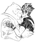 accessory anthro blush clothing duo embarrassed fingerless_gloves gloves handwear headband kissing male male/male goya_1231 mihoyo zenless_zone_zero anton_ivanov ben_bigger bear human mammal hi_res monochrome