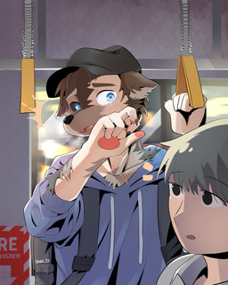 anthro backpack biped claws clothed clothing fangs fur fur_growth growth hoodie human_to_anthro inside_train male mid_transformation pawpads public_transportation species_transformation surprised teeth topwear train transformation vehicle terri_the_dragon canid canine human mammal 4:5 absurd_res hi_res