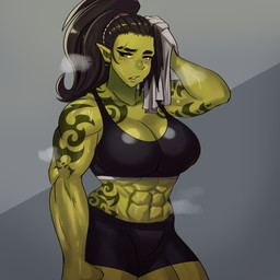 abs big_breasts big_muscles black_hair bodily_fluids bottomwear breasts cleavage clothed clothing female green_body green_skin hair muscular muscular_female muscular_humanoid not_furry ponytail shorts solo sweat tattoo yellow_eyes ezzyecchi humanoid orc 1:1 absurd_res hi_res