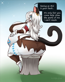 anthro barefoot big_breasts breasts claws dagger ear_piercing ear_ring feet female grass hair hand_lick looking_at_viewer looking_back looking_back_at_viewer melee_weapon piercing plant pregnant ring_piercing solo stated_paternity tail tree_stump weapon white_hair kiit0s jocasta_(dogsmith) felid feline mammal 2024 digital_media_(artwork) hi_res