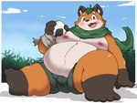 anthro belly big_belly blush bottomwear bulge clothing food kemono leaf male moobs nipples onigiri outside overweight overweight_male rice scarf shorts sitting solo kusosensei canid canine fox mammal 2024 hi_res