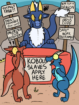 ambiguous_gender angry annoyed anthro barefoot big_eyes blue_body day excited feet group happy horn looking_down nude open_mouth open_smile outside raised_tail sign simple_background sky slave smile standing surprised tail text toony trout_(artist) mythology dragon kobold mythological_creature mythological_scalie scalie 3:4 aliasing digital_media_(artwork) english_text flat_colors