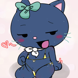 anthro bikini black_body black_ears black_eyebrows black_eyes black_fur blush blush_stickers bow_ribbon camel_toe chibi clothed clothed_anthro clothed_female clothing cravat eyebrows eyelashes female female_anthro flat_chested fur gold_bikini heart_symbol looking_aside navel open_mouth pink_inner_ear pink_nose pink_tongue shadow simple_background skimpy skimpy_bikini solo sparkles swimwear teal_bow teal_whiskers tongue two-piece_swimsuit whiskers white_background white_cravat young young_anthro young_female aka_leopard hello_kitty_(series) sanrio frido_(hello_kitty) domestic_cat felid feline felis mammal 2025 absurd_res hi_res