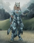 anthro armor blue_eyes breastplate building cuisse digitigrade forest furgonomics grass light looking_at_viewer male metal neck_tuft outside pauldron plant pose sky solo standing tail_armor tree tuft vambrace warrior halu avian bird owl absurd_res hi_res signature