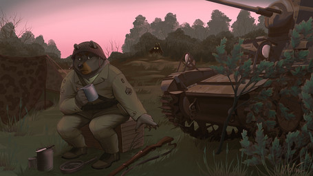 5_fingers ambush anthro armor boots box clothed clothed_anthro clothed_male clothing container cup duo fingers footwear forest fully_clothed fully_clothed_anthro fully_clothed_male furgonomic_helmet furgonomics glowing glowing_eyes grass headgear helmet hiding knife m1_garand male military military_uniform outside pan plant shoes shrub sitting soldier suspicious tank_(vehicle) tent tree uniform united_states_of_america unsigned vehicle warrior world_war_2 ulolin m3_stuart ambiguous_species bear mammal 16:9 2023 adobe_photoshop_(artwork) better_version_at_source digital_drawing_(artwork) digital_media_(artwork) russian_description translated_description widescreen
