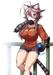 animal_arms animal_legs big_breasts bottle bottomwear breasts brown_hair clothing container female fence hair shirt shorts simple_background smile solo topwear white_background nekoarashi yagatake_arashi animal_humanoid cat_humanoid felid felid_humanoid feline feline_humanoid humanoid mammal mammal_humanoid 2017