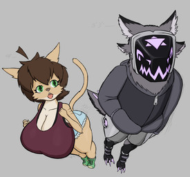 anthro big_breasts bottomwear breasts clothing digitigrade digitigrade_footwear duo female footwear furgonomic_footwear furgonomics green_eyes hoodie hotpants huge_breasts machine male shorts size_difference topwear xvii_(artist) stars_(xvii) tammy_(xvii) domestic_cat felid feline felis mammal protogen tabby_cat