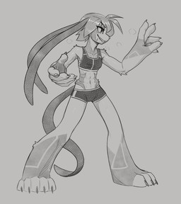 5_fingers 5_toes abs anthro arm_markings arm_tuft athletic athletic_female bangs big_feet big_hands biped bodily_fluids bottomwear claws clothed clothed_anthro clothed_female clothing collarbone countershading elbow_tuft eyebrows eyelashes facial_markings feet female female_anthro fighting_pose fingers flat_chested grey_background grin head_markings hip_markings leg_markings long_ears long_tail markings martial_arts midriff navel pose sharp_teeth shorts shoulder_tuft side_bangs side_view simple_background small_waist smile snout solo standing steam sweat tail teeth toes tuft w4g4 nazuret_kheilafi mammal zeikauko 2026 digital_drawing_(artwork) digital_media_(artwork) full-length_portrait greyscale hi_res monochrome portrait shaded