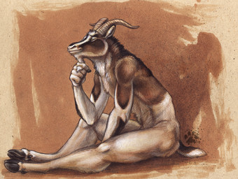 anthro beard brown_body brown_fur cloven_hooves facial_hair fur goatee hooves horn looking_at_viewer male nude nude_anthro nude_male short_tail side_view sitting solo stroking_beard tail white_body white_fur blotch bovid caprine goat mammal 2009 traditional_media_(artwork)