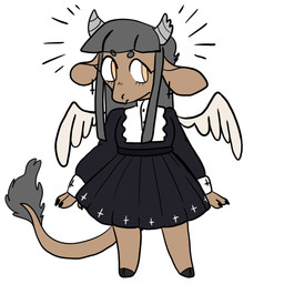 anthro big_tail biped black_clothing black_dress broken_horn brown_body brown_fur claws clothed clothing cross cross_ear_piercing cross_ear_ring cross_piercing dress ear_piercing emanata feathered_wings feathers female flat_chested fur grey_hair grey_horn hair hooves horn inverted_cross jewelry orange_eyes piercing simple_background solo standing tail white_background white_body white_feathers white_wings wings manitka mythology manitka_storm angel bovid bovine cattle mammal 1:1 2022 digital_media_(artwork) hi_res