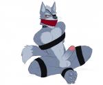 anthro balls bdsm biped blush bondage bound collar erection eye_patch eyewear feet feet_together foot_against_foot fur gag gagged genitals humanoid_genitalia humanoid_penis male penis red_eyes simple_background sitting solo submissive submissive_male white_background hicanyoumooforme nintendo star_fox wolf_o'donnell canid canine canis mammal wolf