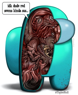 ambiguous_gender blood bodily_fluids cross_section fangs front_view gore looking_at_viewer multi_eye open_mouth pupils simple_background slit_pupils solo speech_bubble teal_body teeth text twitter_handle white_background x-ray_view christopher_stoll among_us innersloth impostor_(among_us) monster 2022 artist_name colored digital_drawing_(artwork) digital_media_(artwork) english_text full-length_portrait hi_res portrait