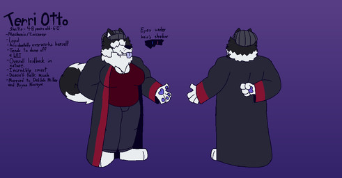 anthro bathrobe beanie belly biceps big_breasts big_tail bottomwear breasts clothing dot_eyes female front_view hair hair_over_eyes hand_behind_back hat headgear headwear heterochromia long_hair muscular muscular_arms neck_tuft obscured_eyes pants pawpads paws rear_view robe shadow shirt simple_eyes solo sweatpants tail tank_top text thick_arms tongue tongue_out top_heavy topwear tuft felineflustered terri_(felineflustered) canid canine canis domestic_dog husky mammal nordic_sled_dog siberian_husky spitz english_text model_sheet gynomorph_(lore) trans_(lore)