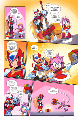 anthro armor blonde_hair boots clothing dialogue duo female footwear fur gloves green_eyes hair hammer handwear headgear helmet machine male pink_body pink_fur red_clothing shoes speech_bubble text tools drawloverlala capcom mega_man_(series) mega_man_x_(series) sega sonic_the_hedgehog_(series) sonic_x amy_rose zero_(mega_man) eulipotyphlan hedgehog humanoid mammal robot 2021 absurd_res comic crossover english_text hi_res