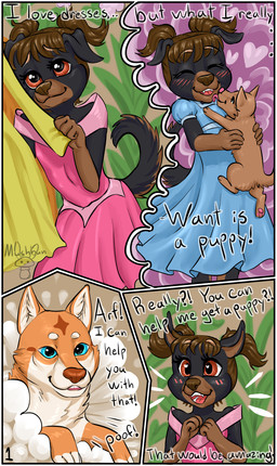 ambiguous_gender anthro biped black_body black_fur black_nose blue_clothing blue_dress blue_eyes blush blush_lines border brown_hair brown_markings clothed clothing countershade_face countershade_torso countershading dialogue dress duo eyebrows eyes_closed face_lick facial_markings female feral floppy_ears folded_ears forehead_markings fur gloves_(marking) hair happy head_markings heart_eyes heart_symbol holding_another larger_anthro licking male markings muzzle_(marking) open_mouth open_smile pink_clothing pink_dress poof_effect quadruped size_difference smaller_feral smile tan_body tan_fur teeth text thought_bubble tongue white_body white_border white_countershading white_fur young young_anthro young_female young_feral mushbun canid canine canis domestic_dog mammal 2026 absurd_res comic english_text hi_res