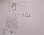 anthro belly big_belly big_breasts big_ears blush breasts cleavage clothed clothing female hair looking_tired navel panties pregnant pregnant_female raised_clothing raised_shirt raised_topwear shirt solo spiky_hair standing text topwear underwear patchwork_weasel canid canine fennec_fox fox mammal true_fox english_text sketch