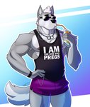 anthro beverage black_clothing black_shirt black_tank_top black_topwear black_wristband blue_background bottomwear chain_necklace claws clothing drinking drinking_straw electronics eyewear finger_claws fur grey_body grey_fur hair headphones jewelry male muscular muscular_anthro muscular_male necklace nipples obliques pecs purple_bottomwear purple_clothing purple_shorts shirt shorts simple_background solo squeeze_bottle squeezing sunglasses tank_top text text_on_clothing text_on_shirt text_on_topwear topwear white_hair wristband mrloodness_(artist) vince_(kprime) canid canine canis mammal wolf 2023 absurd_res hi_res