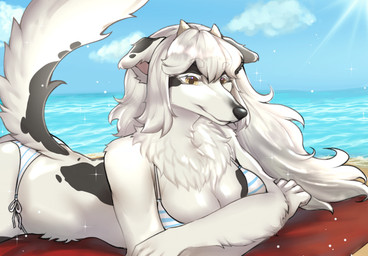 anthro beach breasts butt claws clothed clothing cloud female fluffy fluffy_tail fur hair horn light long_hair long_snout looking_down lying markings mattress neck_tuft on_front particles sea snout solo spots spotted_body spotted_fur sunbathing sunlight swimwear tail text tuft water yellow_eyes eu_gene oxana_(cowface) borzoi bovid bovine canid canine canis cattle dairy_cattle domestic_dog holstein_friesian_cattle hunting_dog hybrid mammal sighthound hi_res
