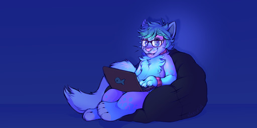 bean_bag blue_body blue_fur collar computer electronics eyewear fur glasses green_eyes laptop male smile solo nakufin epsilon_rho aquatic canid canine canis fish mammal wolf hi_res