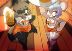 alcohol anthro beer beverage blue_hair bulge clothing duo femboy hair hooters_uniform male shirt tail tank_top text text_on_clothing text_on_shirt text_on_tank_top text_on_topwear topwear femboy_hooters hooters jinx_(racc4hire) mammal mouse murid murine procyonid raccoon rodent absurd_res hi_res