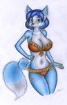 5_fingers anthro big_breasts bikini bikini_bottom bikini_top black_nose blue_body blue_fur blue_hair breasts cleavage clothed clothing female fingers fur hair humanoid_hands navel solo swimwear two-piece_swimsuit sinaherib nintendo star_fox krystal_(star_fox) canid canine fox mammal 2024 hi_res