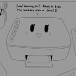 blush blush_lines dialogue female heart_symbol machine office printer smile smiling_at_viewer solo talking_to_viewer text darky animate_inanimate dire_machine living_machine 1:1 absurd_res english_text hi_res monochrome