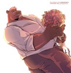 5_fingers anthro belly big_belly big_pecs biped bottomwear bouquet brown_body brown_fur bulge bulge_from_behind candy chocolate clothing collared_shirt dessert dress_shirt ear_piercing facial_hair facial_piercing fingers flower food fur goatee hair holding_object lip_piercing looking_at_viewer looking_back male maroon_clothing multicolored_body multicolored_fur musclegut muscular muscular_anthro muscular_male nipple_outline overweight overweight_anthro overweight_male pants pecs piercing plant red_flower rose_(flower) shirt small_ears smile smiling_at_viewer standing topwear two_tone_body two_tone_fur white_clothing white_hair white_shirt white_topwear koko2unite capybara caviid mammal rodent 2025 hi_res