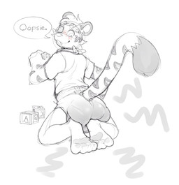 ambiguous_gender anthro block blush blush_lines claws clothed clothing dialogue diaper dipstick_tail fangs feces fur hair holding_object kerchief kneeling looking_back markings neckerchief neckwear pawpads pooping shirt simple_background smile soiled_diaper soiling soiling_diaper solo speech_bubble spots spotted_body spotted_fur spotted_markings spotted_tail stink_fumes tail tail_markings teeth toe_claws topwear unclean_diaper used_diaper wearing_diaper white_background foxehhyz toby_(toby_tiger) felid mammal pantherine tiger 2021 full-length_portrait portrait