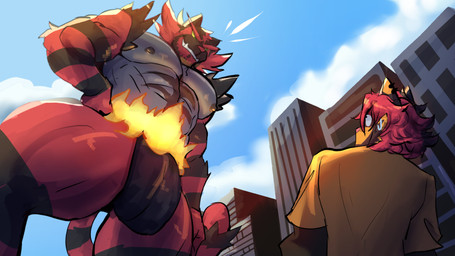anthro bulge city duo larger_male looming macro male male/male muscular muscular_male muscular_thighs pecs size_difference kt_shaddow nintendo pokemon generation_7_pokemon humanoid incineroar pokemon_(species) 16:9 absurd_res hi_res widescreen