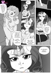 anthro barefoot big_breasts bodily_fluids breasts comic crossed_arms dialogue dragon english_text equid equine feet female fluttershy_(mlp) friendship_is_magic group hasbro hi_res horn jewelry magic male mammal monochrome my_little_pony mythological_creature mythological_equine mythological_scalie mythology necklace nipples nude pegasus pia-sama rarity_(mlp) scalie spike_(mlp) sweat text unicorn wings