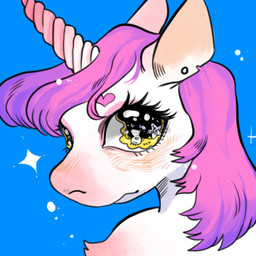 ambiguous_form ambiguous_gender blue_background blush ear_piercing ears_down eyebrows eyelashes fur hair heart_eyebrows horn mouth_closed piercing pink_hair pivoted_ears simple_background solo sparkles sparkling_eyes spiral_horn white_body white_fur yellow_eyes milkbubbles mythology equid equine mammal mythological_creature mythological_equine unicorn 1:1 2016 digital_media_(artwork)