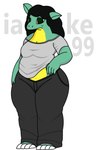 anthro bottomwear cat_eared_creature clothing dragon girly green_body grey_clothing iake99 male mythological_creature mythological_scalie mythology pants scalie wide_hips