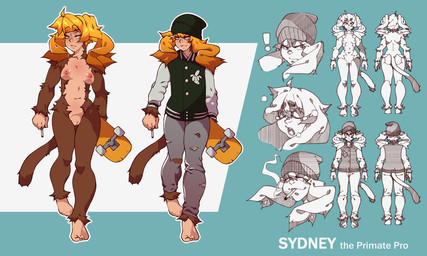 anthro barefoot beanie biped bottomwear breasts brown_body brown_fur cigarette clothing denim denim_bottomwear denim_clothing feet female fur genitals hair hat headgear headwear holding_object holding_skateboard jacket jeans letterman_jacket long_hair long_tail nipples orange_hair pants pigtails skateboard small_breasts smoking solo tail tomboy topwear torn_bottomwear torn_clothing torn_jeans torn_pants vehicle vulva iiyo sydney_(ghostofsmut) haplorhine mammal monkey primate 5:3 digital_media_(artwork) hi_res model_sheet