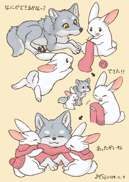 ambiguous_gender black_nose black_pawpads blush eyes_closed feet feral fur grey_body grey_fur group happy hug lying monotone_body monotone_fur open_mouth pawpads paws scarf simple_background sitting size_difference smile text toes trio tuft white_body white_fur yellow_eyes fusau canid canine canis lagomorph leporid mammal rabbit wolf 2024 japanese_text