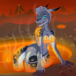 anthro blush female horn hot_tub lava lava_bath looking_at_viewer nails smile smiling_at_viewer solo tail teeth dragonburn mythology fan_character dragon mythological_creature mythological_scalie scalie 1:1 absurd_res hi_res