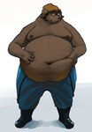 5_fingers anthro belly belly_squish blue_bottomwear blue_clothing blue_pants boots bottomwear clothing fingers footwear hand_on_own_belly hat headgear headwear holding_belly looking_at_belly looking_at_self male moobs navel nipples obese obese_anthro obese_male orange_clothing orange_hat orange_headwear overweight overweight_anthro overweight_male pants shoes solo squish feedtheboss brock_(feedtheboss) canid canine canis domestic_dog mammal hi_res