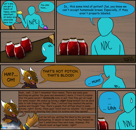 4_fingers bartering blood_in_container blood_in_glass blue_bottomwear blue_clothing blue_eyes blue_shorts blue_topwear bottomwear bracelet brown_body brown_scales claws clothed clothing container crop_top dialogue featureless_face fingers floor freckled_arms freckled_shoulders freckles furniture gold_(metal) gold_bracelet gold_jewelry horn horn_jewelry jewelry kerchief looking_at_another midriff sack scales shirt shorts speech_bubble table text topwear wall_(structure) wall_of_text wood wood_floor wood_furniture wood_table wood_wall sinisterslyfox anon human kobold mammal scalie comic english_description english_text hi_res multiple_scenes shaded soft_shading