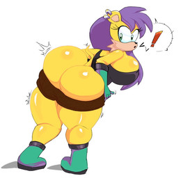 anthro big_breasts big_butt boots bottomwear breasts butt clothing ear_piercing ear_ring exclamation_point female footwear gloves green_eyes hair handwear huge_breasts huge_butt long_hair looking_back piercing purple_hair ring_piercing shirt shoes shorts solo tail thick_thighs topwear undressing undressing_self wide_hips anonymous_artist archie_comics sega sonic_the_hedgehog_(archie) sonic_the_hedgehog_(comics) sonic_the_hedgehog_(series) mina_mongoose eulipotyphlan herpestid mammal mongoose