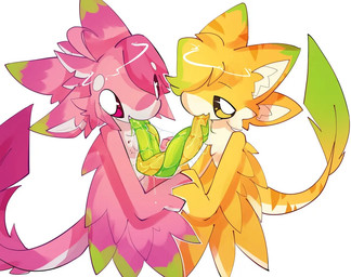 4_ears ambiguous/ambiguous ambiguous_gender anthro blonde_hair bodily_fluids duo entwined_tongues french_kissing green_tongue hair hand_holding inner_ear_fluff kissing long_tongue looking_at_viewer multi_ear pink_hair saliva simple_background tail tongue tongue_wrap tuft wings yellow_tongue foxsicle avali