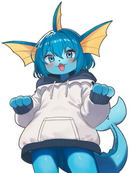 anthro anthrofied blue_body blue_eyes blue_hair blush bottomless clothed clothed_anthro clothed_female clothing cute_fangs fangs female female_anthro fin flat_chested hair hoodie hoodie_only kemono looking_at_viewer open_mouth oversized_clothing pokemorph simple_background solo tail teeth tongue topwear topwear_only white_background young young_anthro young_female neko_t_chan nintendo pokemon eeveelution generation_1_pokemon pokemon_(species) vaporeon 2025 3:4 absurd_res alternate_version_at_source digital_media_(artwork) hi_res portrait three-quarter_portrait