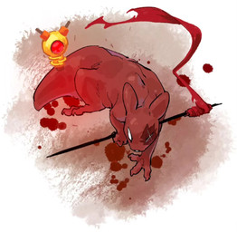 ambiguous_gender empty_eyes eye_scar facial_scar holding_melee_weapon holding_object holding_weapon melee_weapon red_body scar solo tail weapon white_eyes aaasakawa rain_world videocult artificer_(rain_world) slugcat 2026 female_(lore)