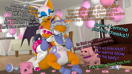 angry anthro baby_rattle balloon bat_wings bib blue_eyes box clothing container dialogue diaper duo eyes_mostly_closed eyeshadow female gift_box handwear humiliation inflatable lipstick makeup male male/female membrane_(anatomy) membranous_wings mittens narrowed_eyes object_in_mouth orange_body pacifier pacifier_in_mouth tan_body text thinking toy_block white_head wings bootypatootie sega sonic_the_hedgehog_(series) miles_prower rouge_the_bat bat canid canine fox mammal 16:9 3d_(artwork) absurd_res digital_media_(artwork) english_text hi_res widescreen