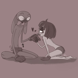 4_fingers anthro arrow_pointing_to_crotch bedroom_eyes blush blush_lines bodily_fluids breasts clothed clothing directional_arrow duo erection eye_contact female finger_in_mouth finger_suck fingers flustered genital_fluids gloves handwear heart_symbol kneeling looking_at_another male narrowed_eyes panties precum precum_through_clothing precum_through_underwear seductive sucking tail tail_motion tailwag tenting topless topless_female topless_male underwear wet wet_clothing wide_eyed screaming_alice glitch_productions kinktober kinktober_2025 the_amazing_digital_circus jax_(tadc) pomni_(tadc) humanoid lagomorph leporid mammal rabbit 1:1 absurd_res hi_res