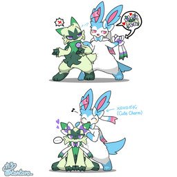 ambiguous_gender anthro biped blue_body blue_fur duo ellipsis fur green_body green_fur heart_symbol musical_note musical_symbol on_ground open_mouth open_smile pink_body purple_eyes shadow smile speech_bubble symbol tail tail_motion tailwag text white_body white_fur tontaro nintendo pokemon eeveelution felid floragato generation_6_pokemon generation_9_pokemon mammal pokemon_(species) sylveon 1:1 animated animated_gif english_text short_playtime