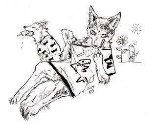 ambiguous_gender anthro claws clothed clothing duo eating eyes_closed flower food fur group kemono looking_at_viewer lying plant popsicle shirt simple_background smile sun tail tongue tongue_out topwear white_background kyokyota canid canine canis domestic_dog mammal 2014 black_and_white hi_res monochrome