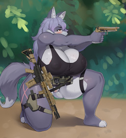 aiming aiming_gun aiming_weapon areola armed belly beretta_m9a3 big_breasts blush bodily_fluids bottomless breasts chubby_legs clitoris clitoris_piercing clitoris_ring clothed clothing costume curvy_figure dog_tags ear_tuft female fluffy fluffy_hair fluffy_tail fur genital_piercing genitals gradient_hair gun hair holding_gun holding_object holding_ranged_weapon holding_weapon holstered_pistol huge_breasts huge_thighs inner_ear_fluff inverted_nipples kneeling labia_minora_piercing labia_piercing labia_ring long_hair m9 military_vest muscular nipples nipples_visible_through_clothing on_one_knee outside panties piercing plant plate_carrier purple_body purple_fur purple_hair ranged_weapon red_eyes rifle ring_piercing scar solo tail thick_thighs topwear topwear_only translucent translucent_clothing translucent_topwear tuft underwear urg-i vest voluptuous voluptuous_female vulva vulva_piercing vulva_ring weapon rutia_uwu rutia_(oc) canid canine canis mammal wolf absurd_res hi_res