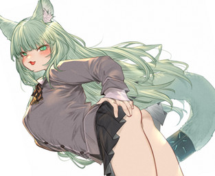black_bottomwear black_clothing black_skirt blush bottomwear breasts clothing female green_eyes green_hair hair hand_on_butt looking_at_viewer open_mouth simple_background skirt smile solo tail white_background gothope arknights hypergryph studio_montagne harmonie_(arknights) animal_humanoid cat_humanoid felid felid_humanoid feline feline_humanoid humanoid mammal mammal_humanoid 2023 digital_media_(artwork)